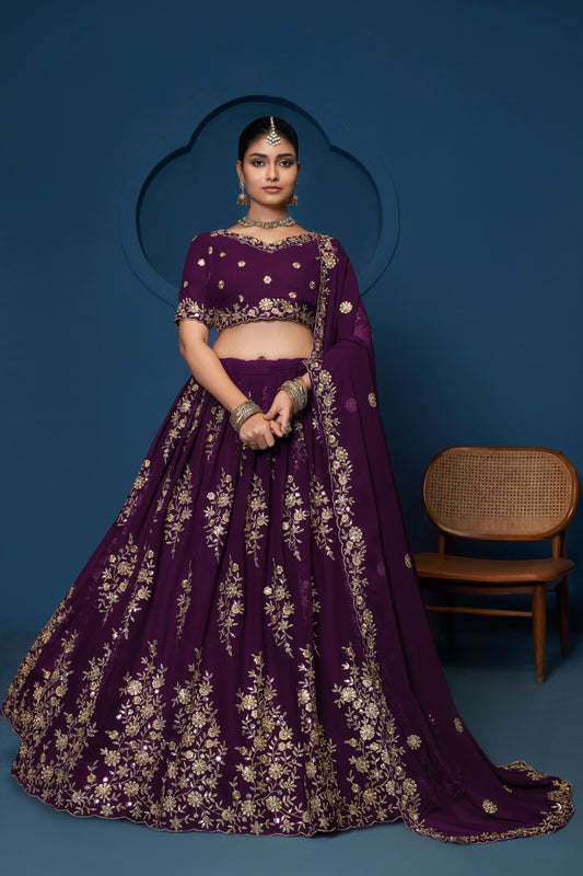 Purple Georgette Thread Sequence Embroidery Work Lehenga Choli