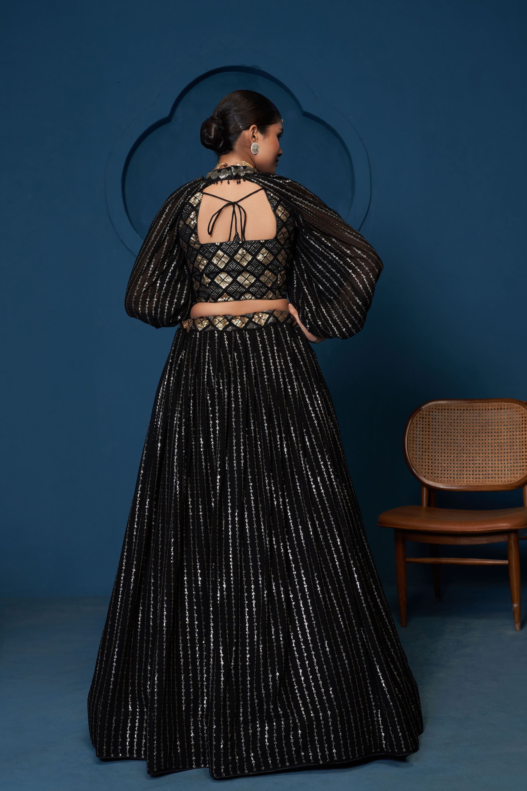 Black Georgette Sequence Embroidery Work Crop Top Choker Sleeves lehenga Choli