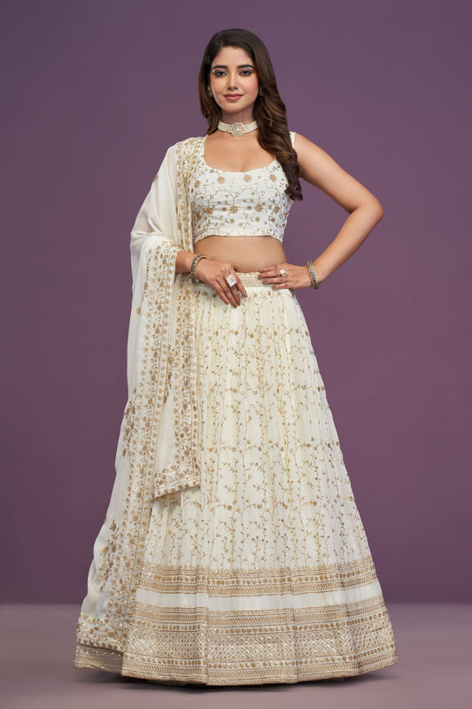 White Georgette zari Sequence Embroidery Work Lehenga Choli