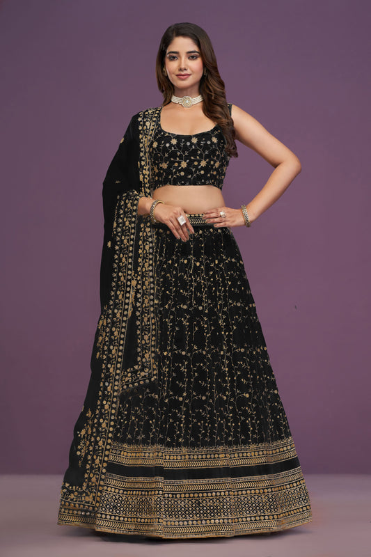 Black Georgette zari Sequence Embroidery Work Lehenga Choli