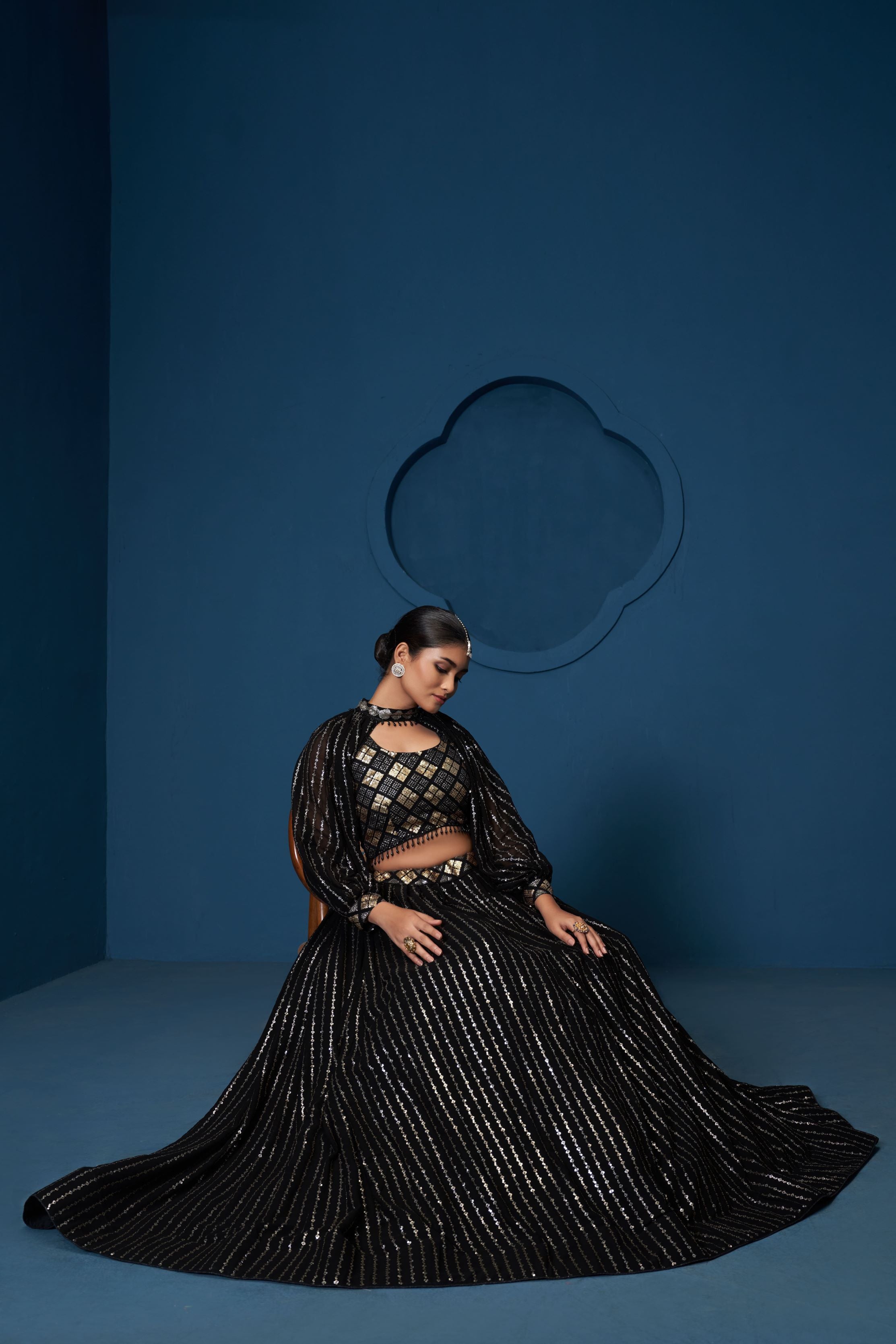Black Georgette Sequence Embroidery Work Crop Top Choker Sleeves lehenga Choli
