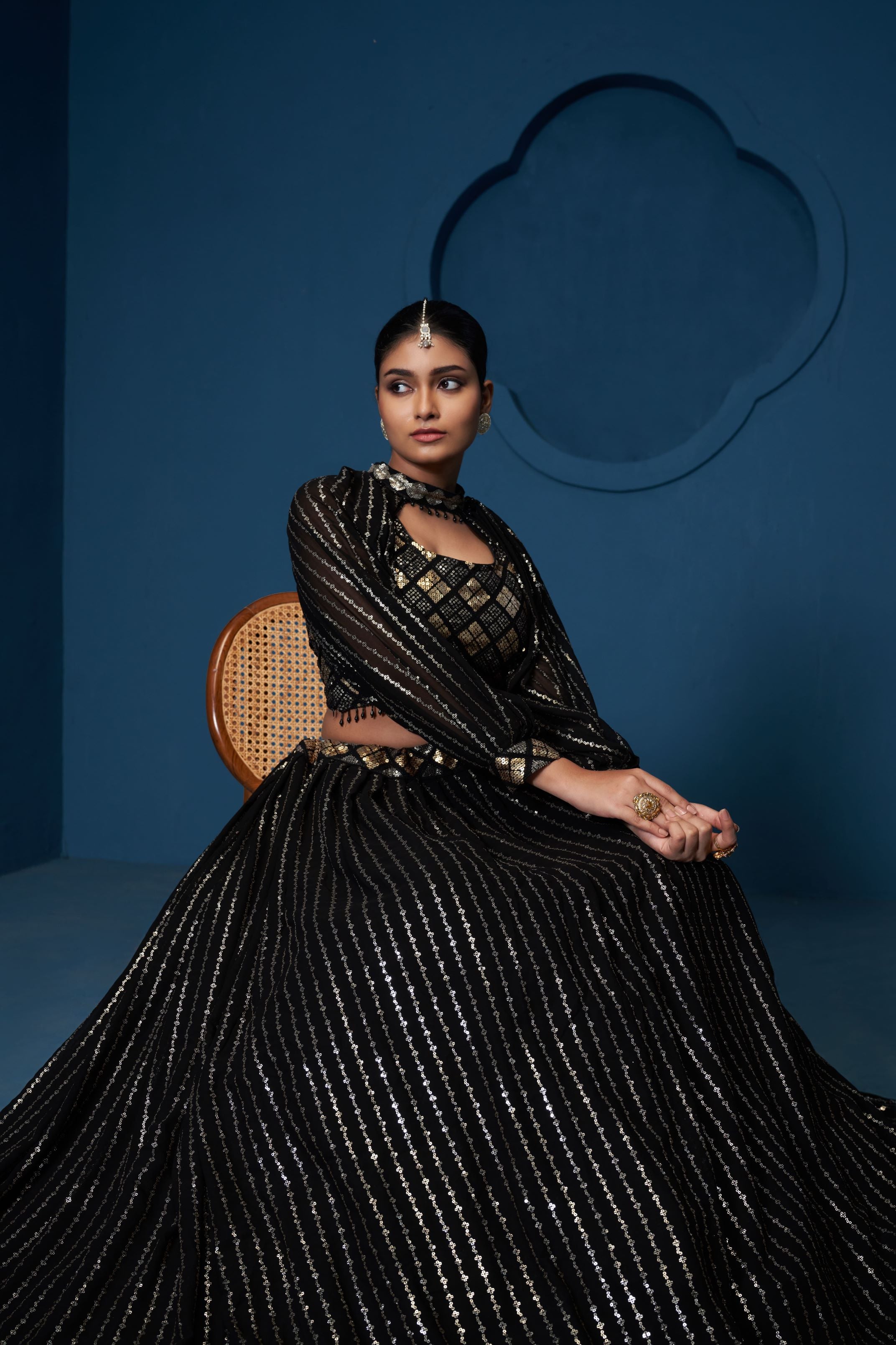 Black Georgette Sequence Embroidery Work Crop Top Choker Sleeves lehenga Choli