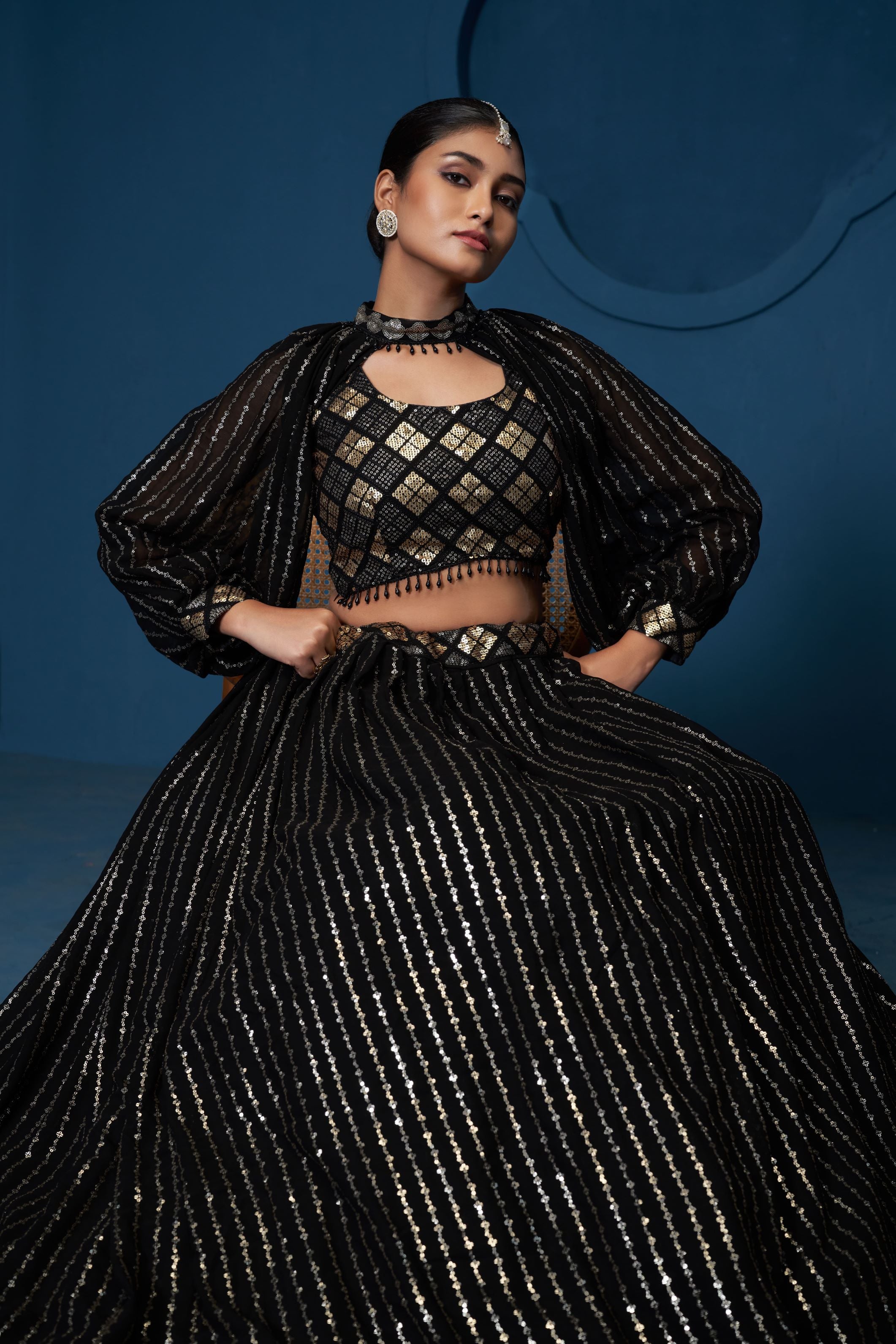 Black Georgette Sequence Embroidery Work Crop Top Choker Sleeves lehenga Choli