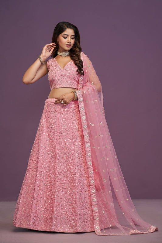 Pink Malai silk Zari,Sequence Embroidery work lehenga choli