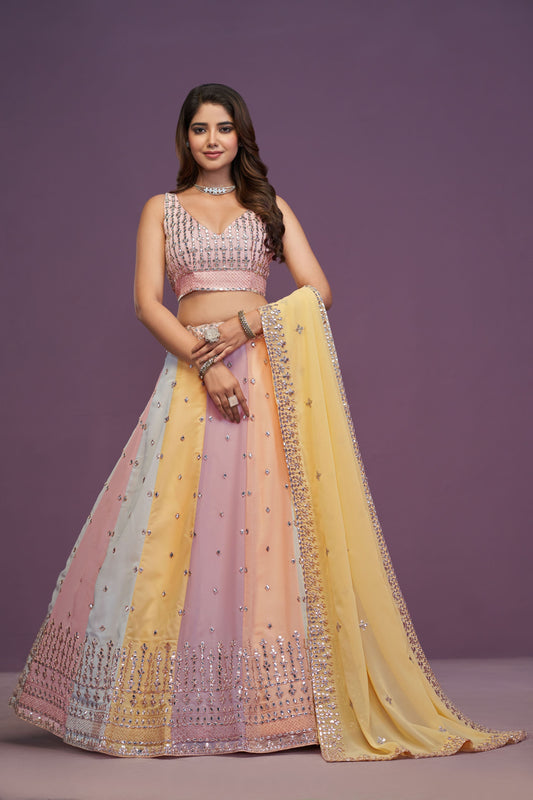 MultiColor Georgette Thread Sequence Embroidery Gota Patti Work Lehenga Choli