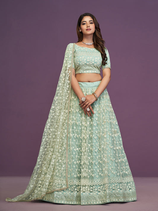 Pista Green Soft Net Thread Embroidery Work Lehenga Choli