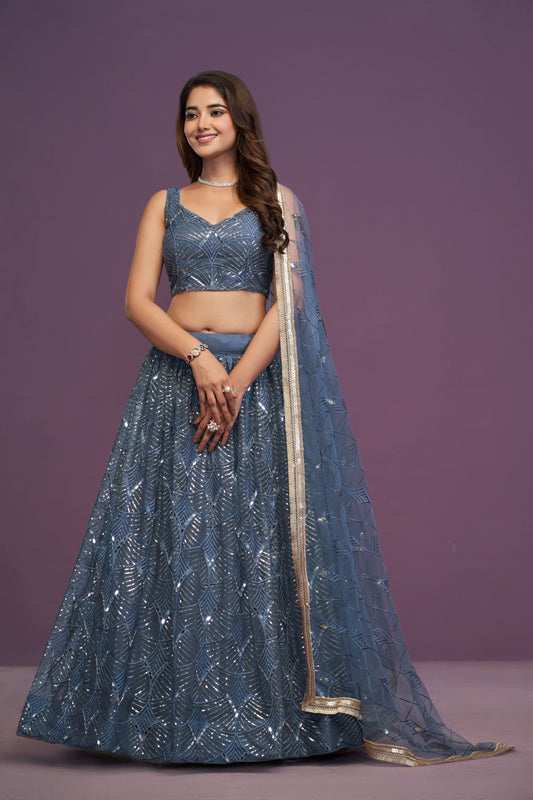 Blue Butterfly Net real Mirror With Sequence Embroidery Work Lehenga Choli