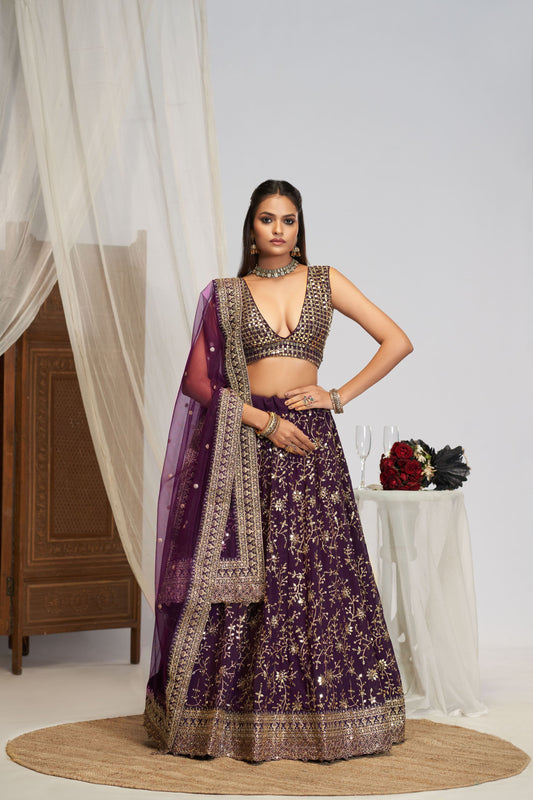 Purple georgette Sequence embroidery work Lehengacholi