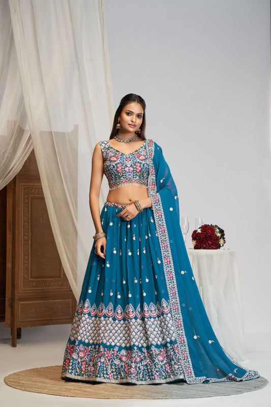 Teal Blue Georgette Sequence Zari, Thread Embroidery Work Lehenga Choli