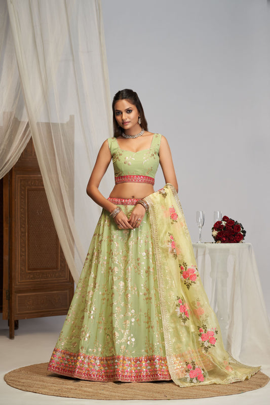 Pista green Zari Thread Sequence Embroidery Work Lehenga Choli