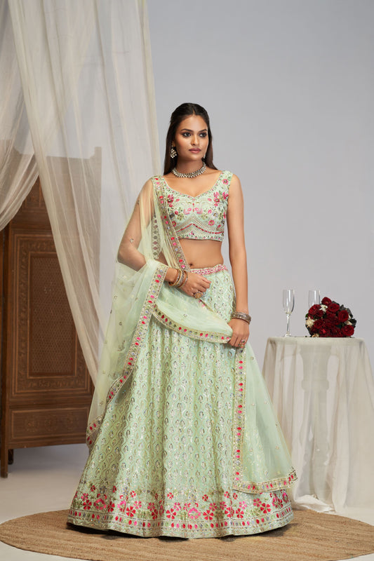 Pastel Green Thread Embroidery Work Lehenga