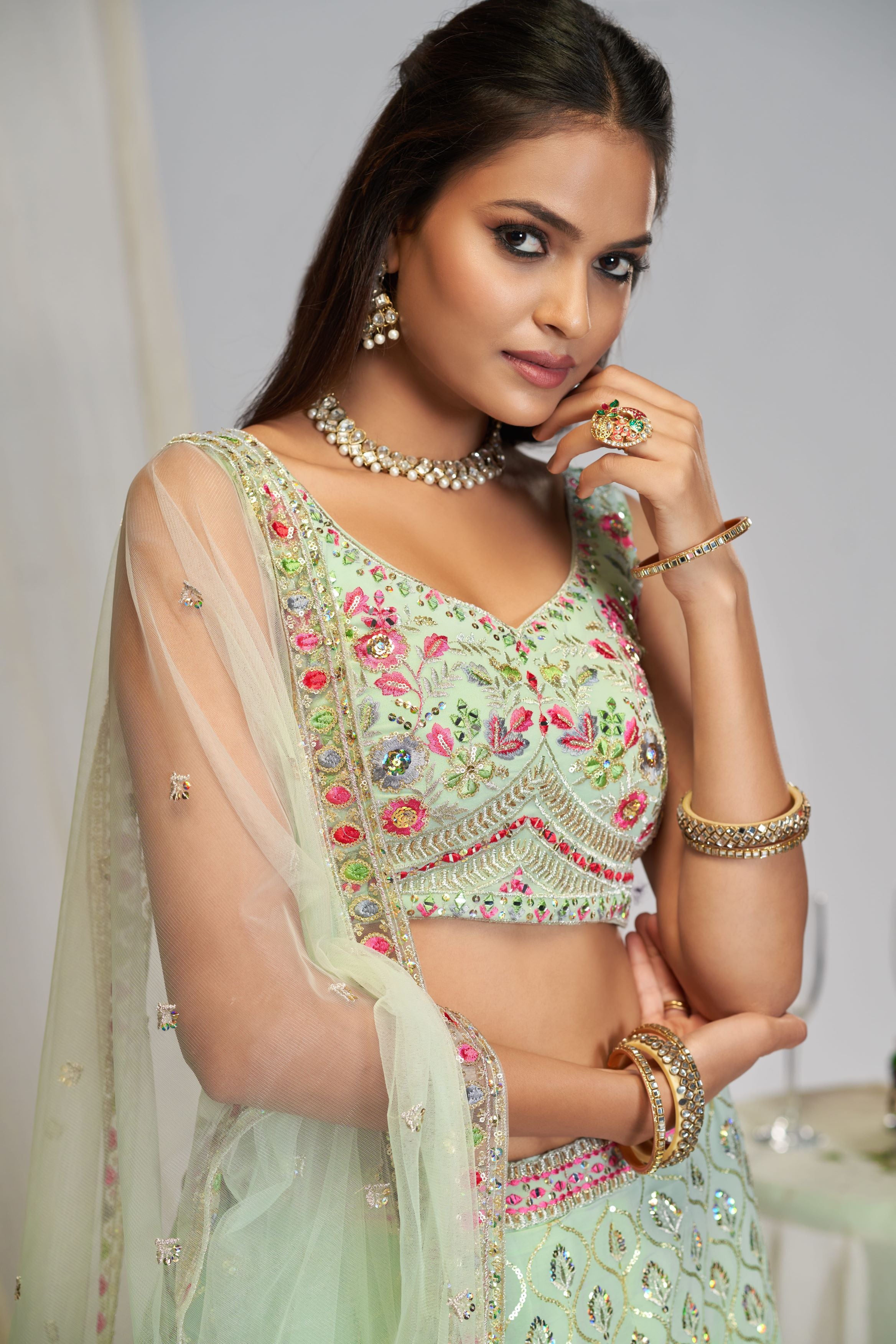 Pastel Green Thread Embroidery Work Lehenga