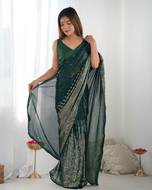 Solid Striped Embellished Sequinned Pure Georgette Saree