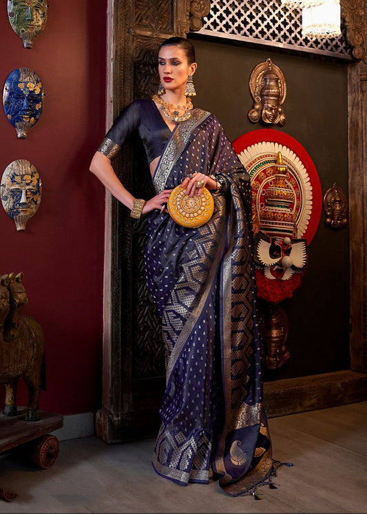 Dark navy blue woven saree