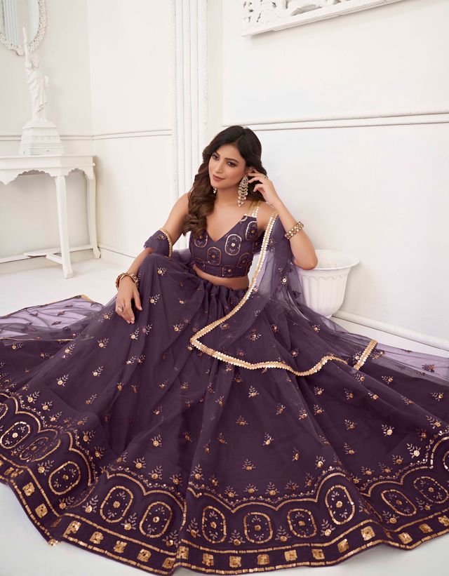 DUSTY WINE COLOR NET FABRIC LEHENGA CHOLI