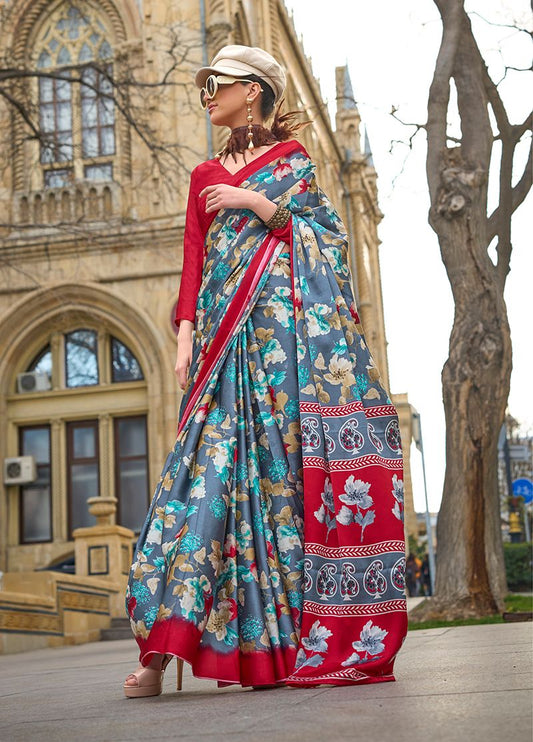 Grey floral print saree