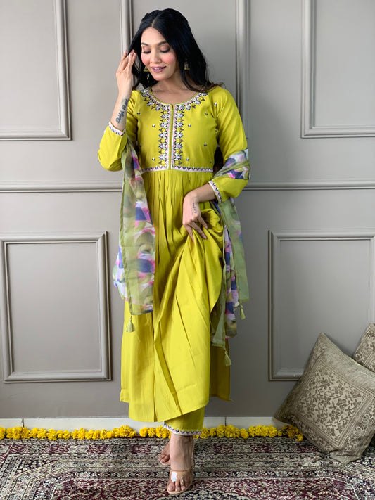 Lemon Viscose Chanderi Kurta Set  With Embroidery