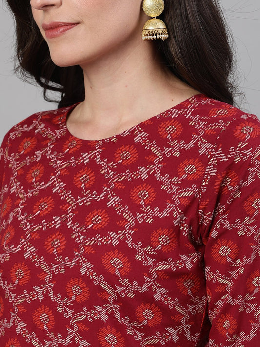 Women Burgundy Gold Printed Three-Quarter Sleeves Straight Kurta With Palazzo And Dupatta With Pockets And Face Mask