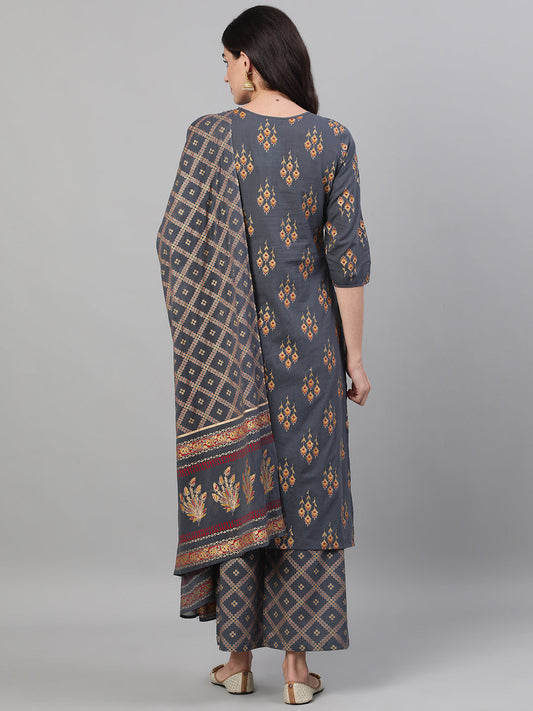 Women Steel Grey  Gold Printed Three-Quarter Sleeves Straight Kurta With Palazzo And Dupatta With Pockets And Face Mask