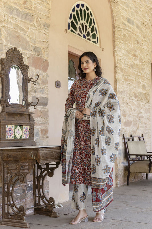 Women Maroon & Cream Printed Straight Kurta Palazzo With Printed Dupatta