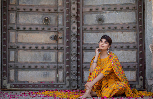 Women Mustard & Gold Printed Straight Kurta With Palazzo  & Dupatta