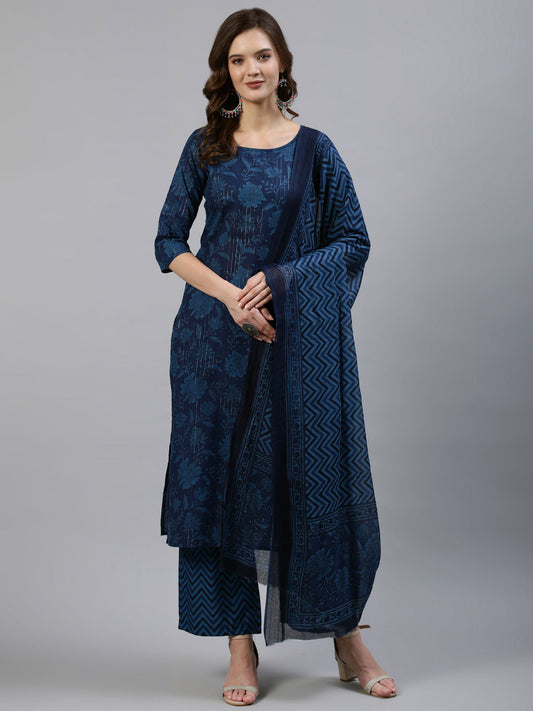 Women Indigo Floral Printed Straight  Kurta With Palazzo & Dupatta