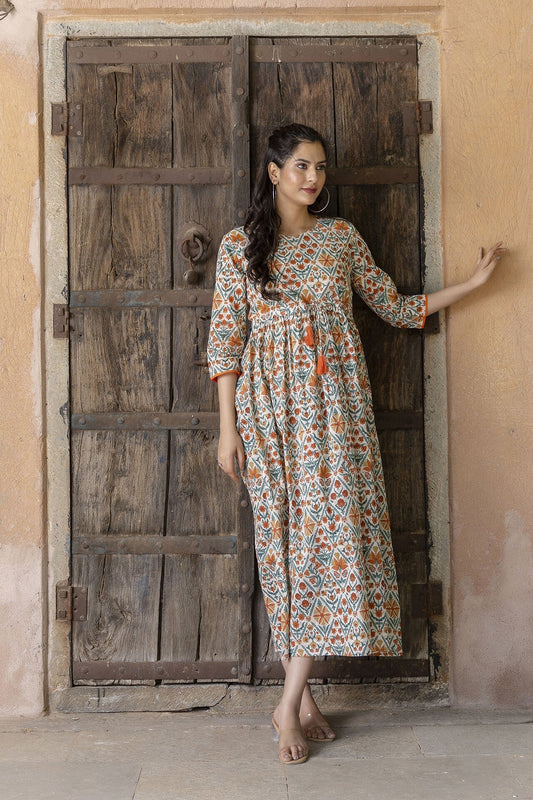 Women Cream & Gold Printed Straight Kurta With Palazzo & Dupatta