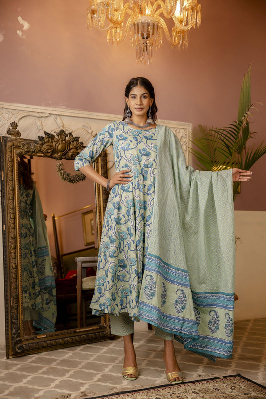 Women Sage Green Floral Printed Kurta With Trouser & Dupatta