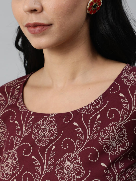 Women Burgundy & Beige Motifs Printed Pure Cotton Kurta With Palazzo And Dupatta