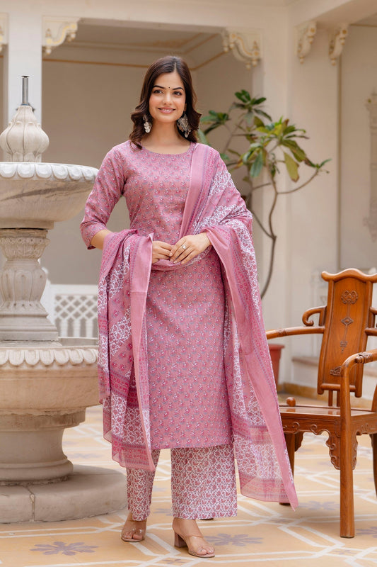 Women Pink Floral Printed Pure Cotton Kurta & Palazzo With Dupatta