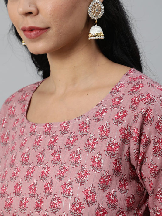 Women Pink Floral Printed Pure Cotton Kurta & Palazzo With Dupatta