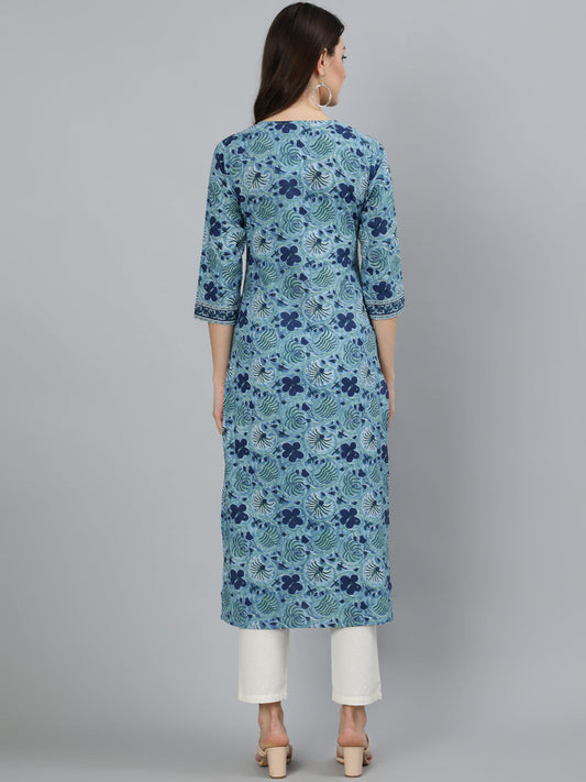 Women Blue Floral Printed Straight Kurta With Three Quarter Sleeves