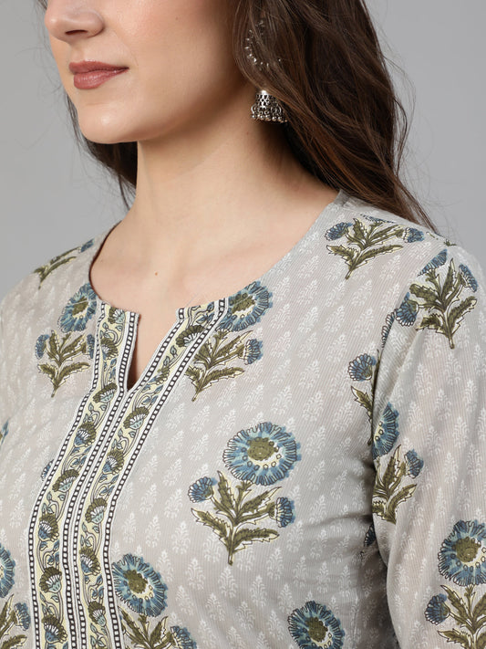 Women Grey Printed Kurta With Palazzo & Dupatta