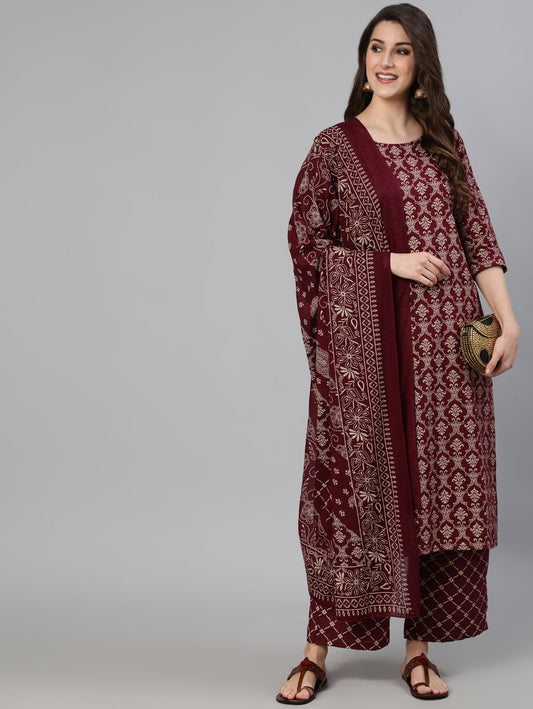 Women Burgundy Ethnic Printed Straight Kurta With Palazzo & Dupatta