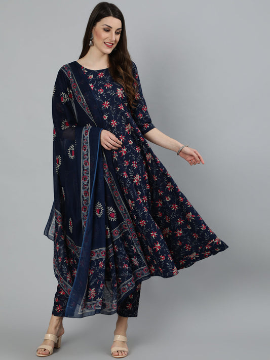 Women Navy Blue & Pink Floral Printed Flared Kurta And Trouser With Dupatta