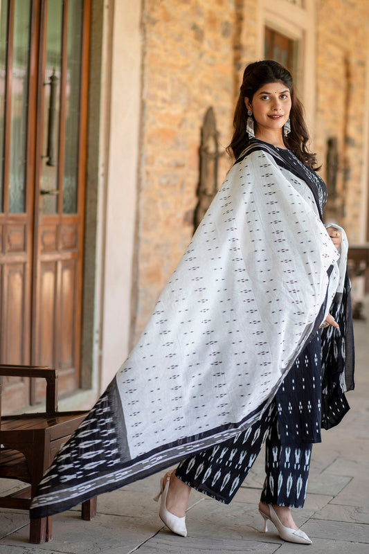 Women Black Ethnic Printed Straight Kurta With Palazzo And Dupatta