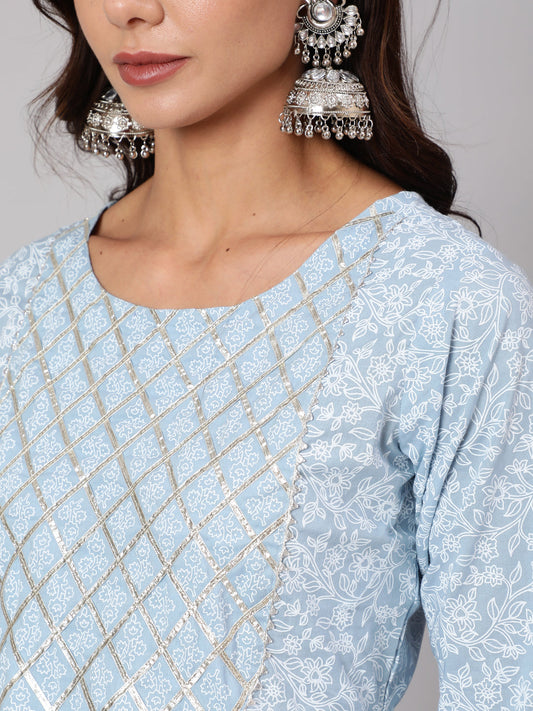 Women Light Blue Floral Printed Flared Kurta With Trouser And Dupatta