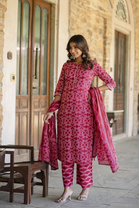 Women Red Bandhani Printed Straight Kurta With Palazzo And Dupatta