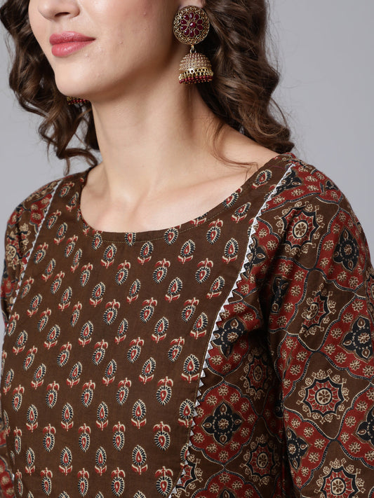 Women Brown Ethnic Motifs Yoke Design Pure Cotton Kurta With Trousers & With Dupatta