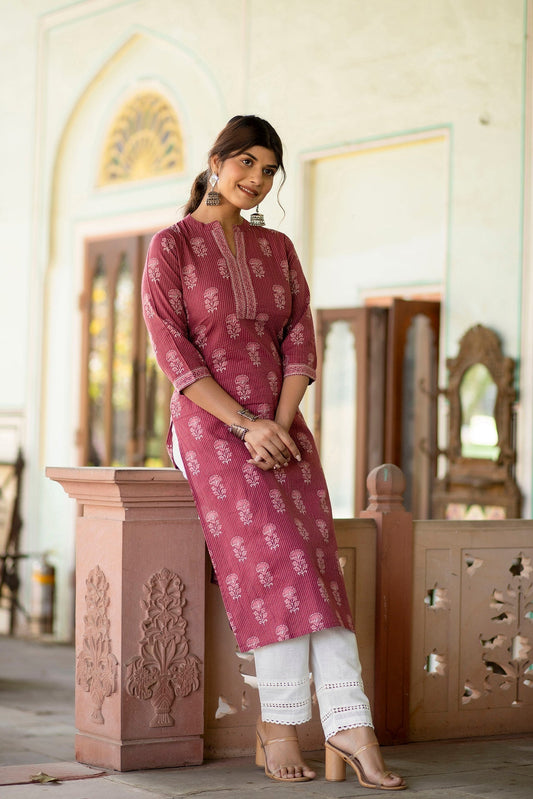 Women Mauve Printed Straight Kurta With White Solid Trouser