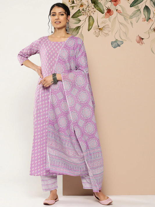 Women Lavender Ethnic Printed Kurta With Trouser And Dupatta