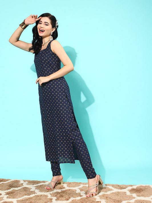 Women Navy Blue Ethnic Printed Sleeveless Straight Kurta With Trouser And Dupatta