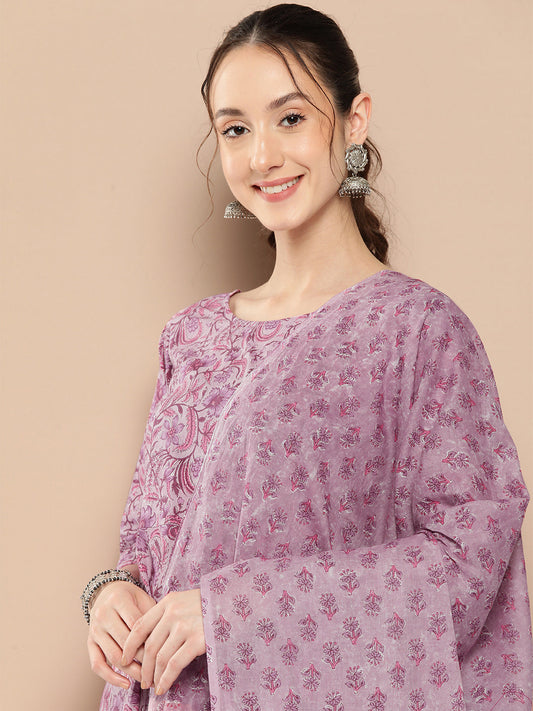 Women Lavender Floral Printed Kurta With Trouser And Dupatta