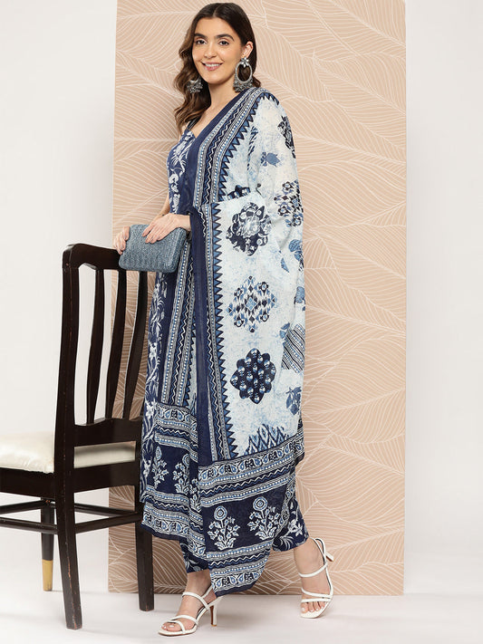 Women Blue Paisley Printed Straight Kurta With Trouser And Dupatta