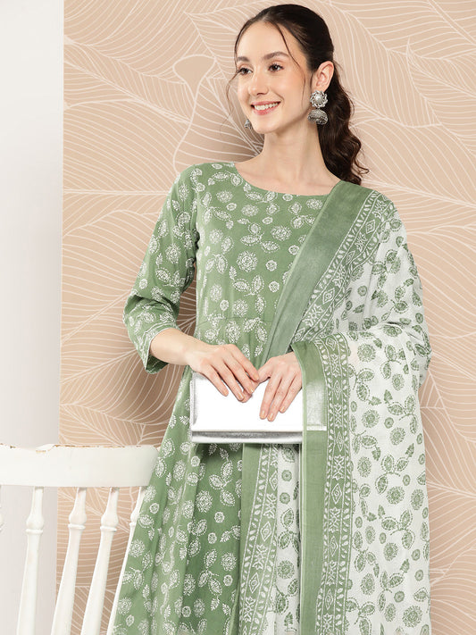 Women Green Floral Printed Anarkali Kurta With Trouser And Dupatta