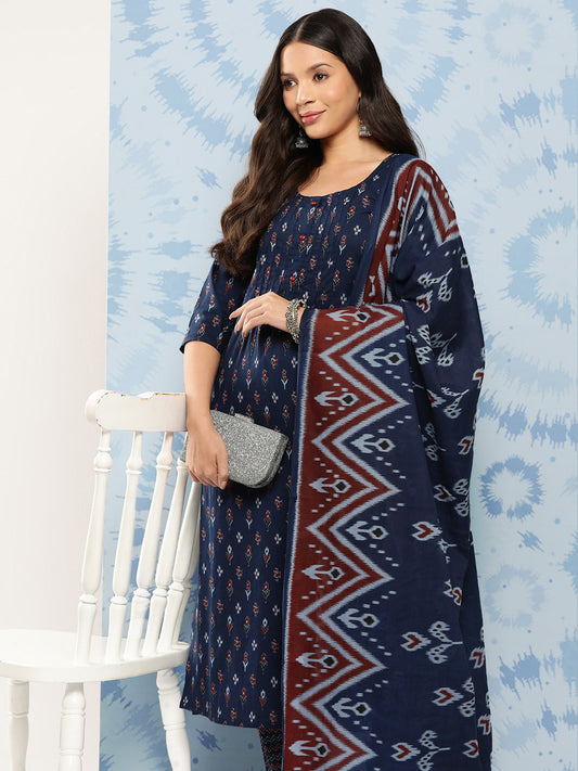 Women Blue Ethnic Printed Straight Kurta With Trouser