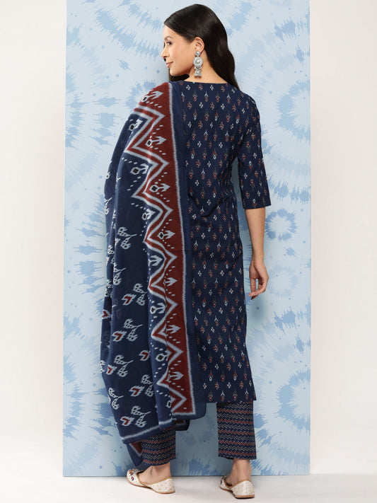 Women Blue Ethnic Printed Straight Kurta With Trouser