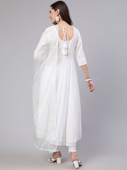 Women White Lace Details Flared Kurta With Trouser And Dupatta