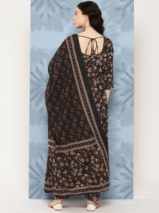 Women Black Floral Printed Flared Straight Kurta With Trouser And Dupatta