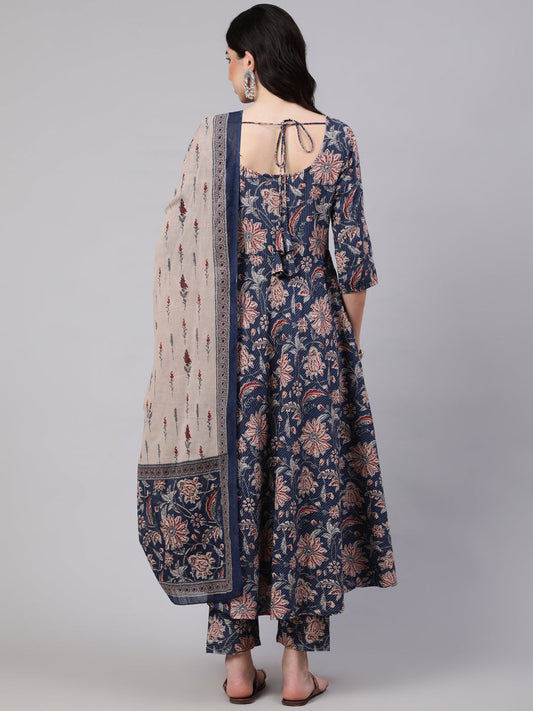 Women Blue Floral Printed Anarkali Kurta With Trouser And Dupatta